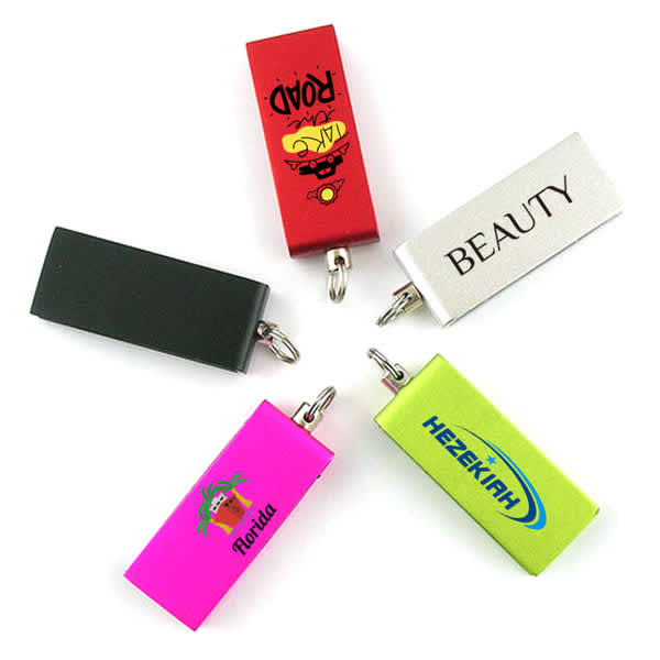 Five rotatable USB flash drives in varied colours: red, green, black, pink, and silver, each with distinct branding. Rotatable USB Flash Drive - Image 1