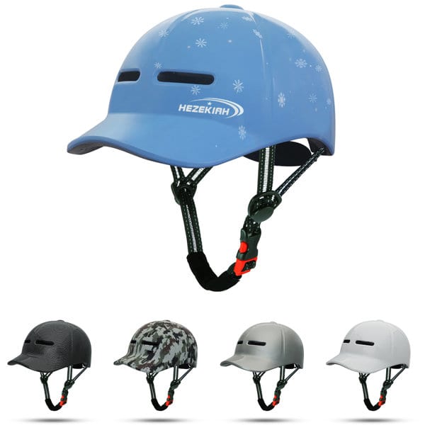 A blue baseball cap style cycling helmet with a peak and adjustable straps, displayed alongside grey, black, and camo variants. Baseball Cap Style Cycling Helmet - Image 1