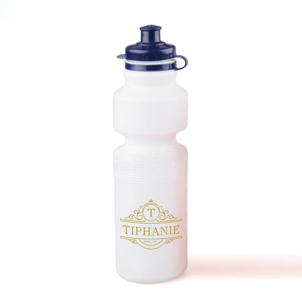 A drink bottle in white with a blue cap and a decorative logo. Ideal for hydration on the go. Bike Squeeze Water Bottle - Image 1