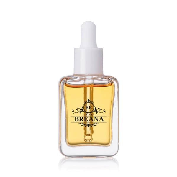 A flat square glass dropper bottle with a clear body and white dropper top, containing golden liquid. Flat Square Glass Dropper Bottle - Image 1