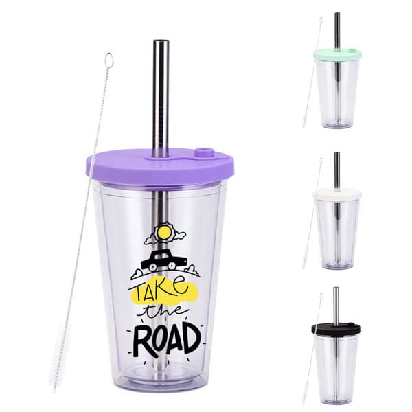 A drink bottle featuring a clear design with a purple lid and metal straw, accompanied by multiple colour options. 16oz. Dubble Milk Tea Cup With Straw - Image 1