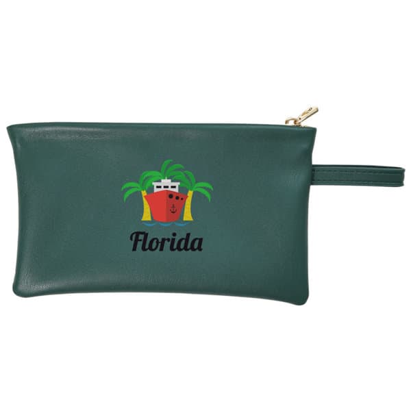 A green soft leather mini zippered pouch with a decorative logo and wrist strap. Soft Leather Mini Zippered Pouch - Image 1