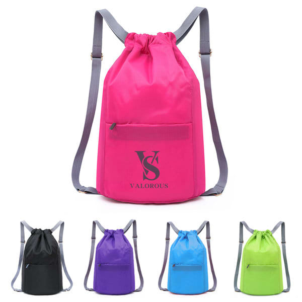A large capacity drawstring sports backpack in bright pink with a front pocket and adjustable straps. Available in purple, blue, and green. Large Capacity Drawstring Sports Backpack - Image 1