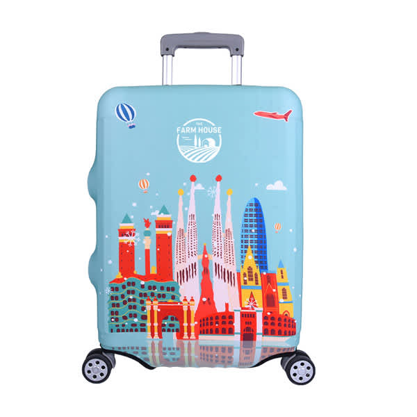 A blue elastic luggage cover featuring illustrations of famous buildings, a logo, and colourful graphics. Elastic Luggage Cover - Image 1
