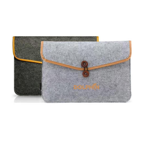 A grey and black durable felt laptop sleeve with a brown button closure and a logo. Durable Felt Laptop Sleeve - Image 1