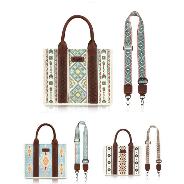 A patterned canvas tote bag in shades of blue, brown, and cream with a detachable strap. It features a logo. Canvas Boho Shoulder Tote Bag - Image 1