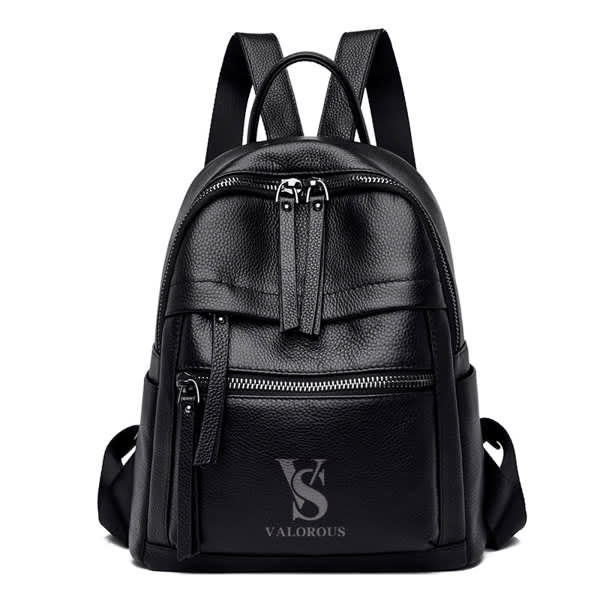 A black genuine leather backpack featuring multiple zippered compartments and a logo on the front. Genuine Leather Backpack - Image 1