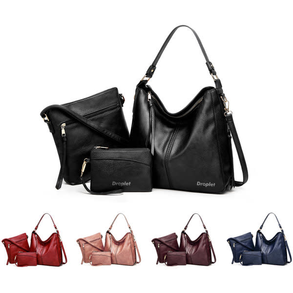 A set of three PU leather tote bags in black, red, and navy, featuring a logo and various sizes. 3 Piece PU Leather Tote Bag Set - Image 1