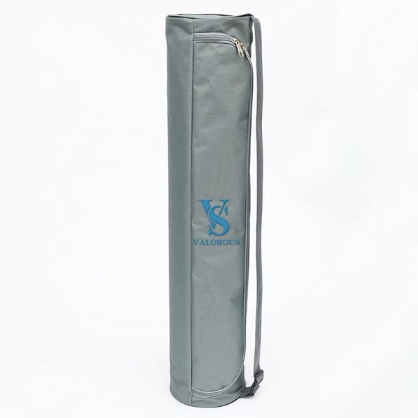 A grey yoga mat storage bag with a zipper and a carry strap, featuring a logo. Yoga Mat Storage Bag - Image 1