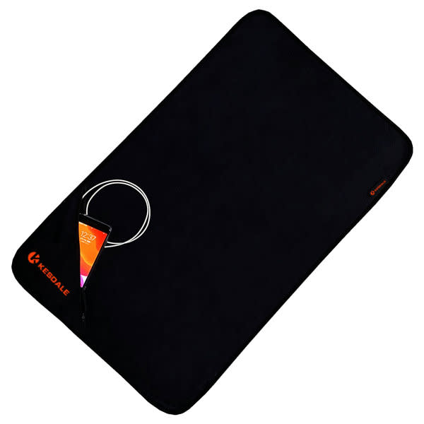 A black microfiber sports towel featuring a zipper pocket, with a phone partially visible inside the pocket. Microfiber Sports Towel With Zipper Pocket - Image 1