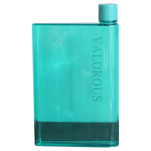 A drink bottle in a translucent turquoise colour with a round lid and a logo on the side. Flat A5 Notebook Water Bottle - Image 1