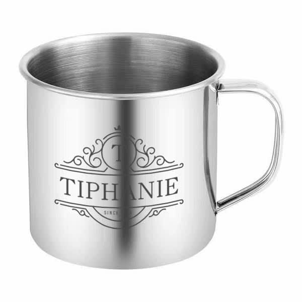 A stainless steel camping mug with a shiny finish and a decorative logo design. 9 oz. Stainless Steel Camping Mug - Image 1