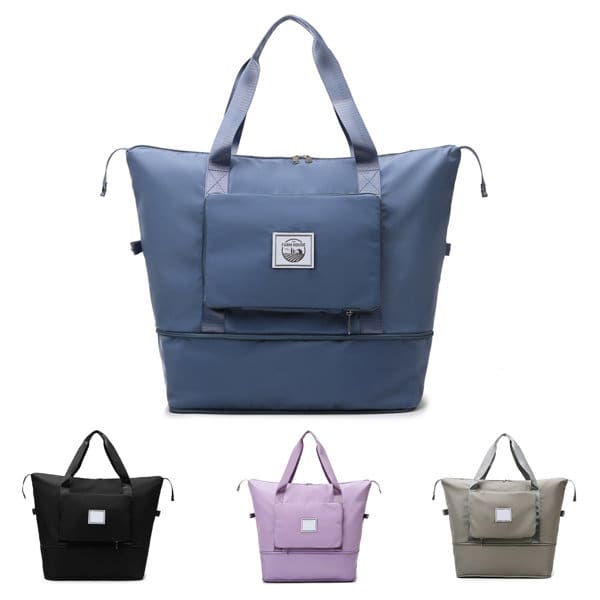 A large capacity folding travel bag in blue, featuring a front pocket and sturdy handles, with additional black, lavender, and beige options. Large Capacity Folding Travel Bag - Image 1