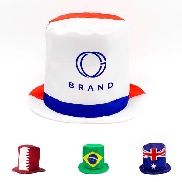 A custom top hat in red, white, and blue with a logo, accompanied by smaller hats in various colours. Custom Top Hat - Image 1