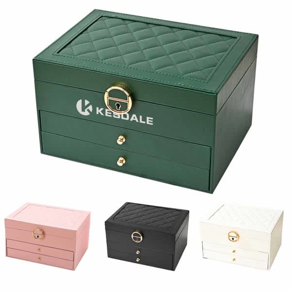 A three-layer jewellery organiser in green, featuring a quilted design, with additional colours in pink, black, and white. Three Layers Jewelry Organizer - Image 1