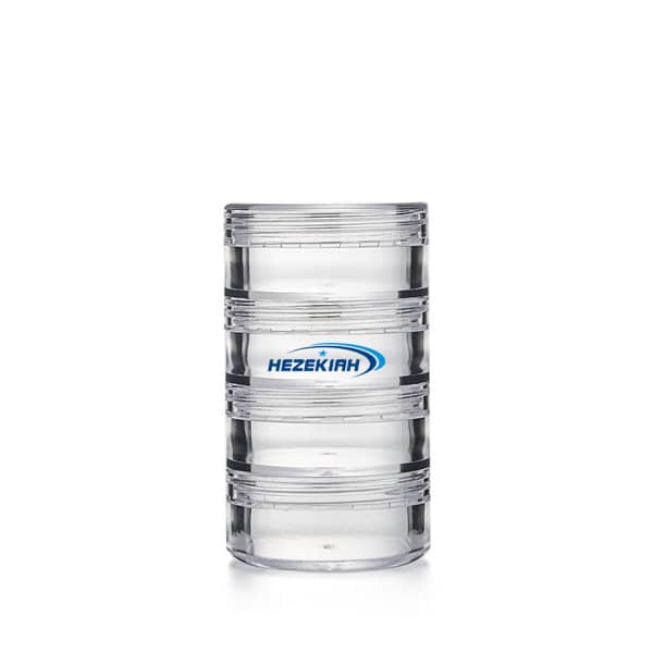 A clear plastic jewellery organiser with four layers and a logo on the front. 4-layer Clear Plastic Jewelry Organizer - Image 1