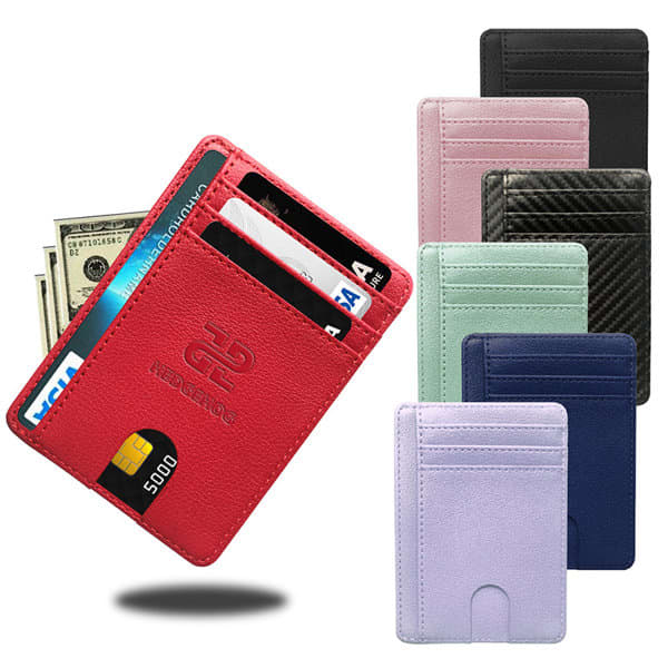 A card holder in various colours with an ID window, featuring slots for cards and cash, and a logo. RFID Card Holder With ID Window - Image 1