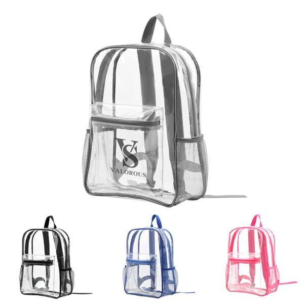 A transparent backpack featuring black, blue, pink, and grey colour options, with a front pocket and shoulder straps. PVC Transparent Backpack - Image 1