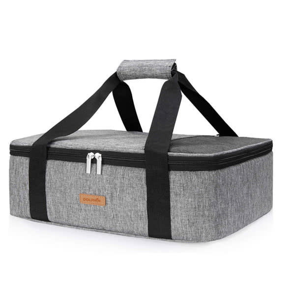 A grey insulated lunch bag with black straps and a zip closure, featuring a branding label on the front. Picnic Insulated Lunch Bag - Image 1