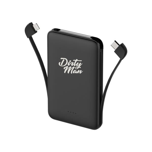 A black portable power bank with integrated cables and a logo on the front. Portable Power Bank With Cables - Image 1