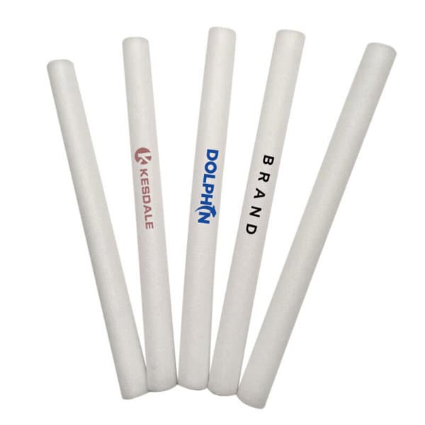 Five custom LED foam sticks in white, featuring various logos printed on them. They are cylindrical and bright. Custom LED Foam Stick - Image 1