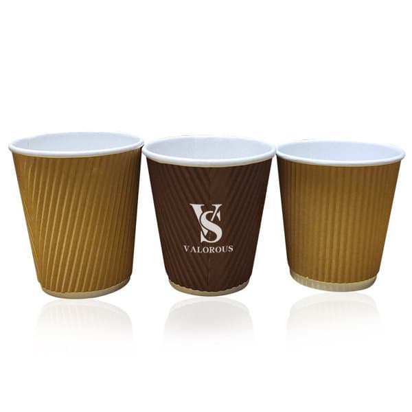 A set of three disposable corrugated paper coffee cups in brown and cream, featuring a logo on one cup. Disposable Corrugated Paper Coffee Cup - Image 1