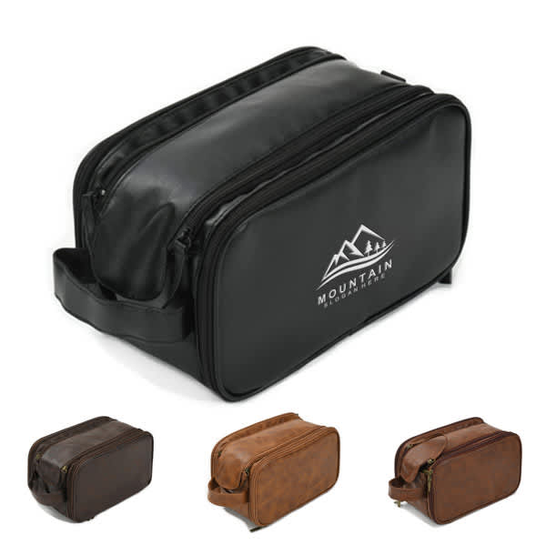 A black PU leather hanging toiletry bag with a logo, alongside brown and tan versions. PU Leather Hanging Toiletry Bag - Image 1
