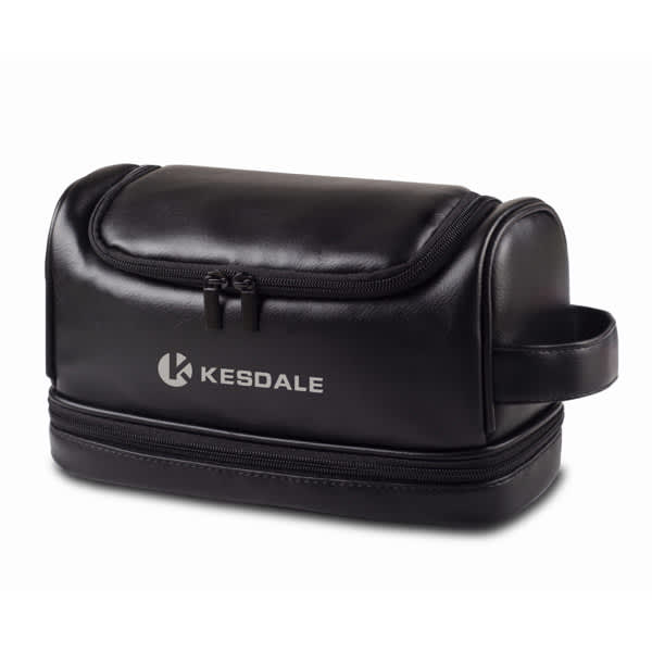 A black PU leather multifunctional toiletry bag with a zip closure and a side handle, featuring a logo. PU leather Multifunctional Toiletry Bag - Image 1