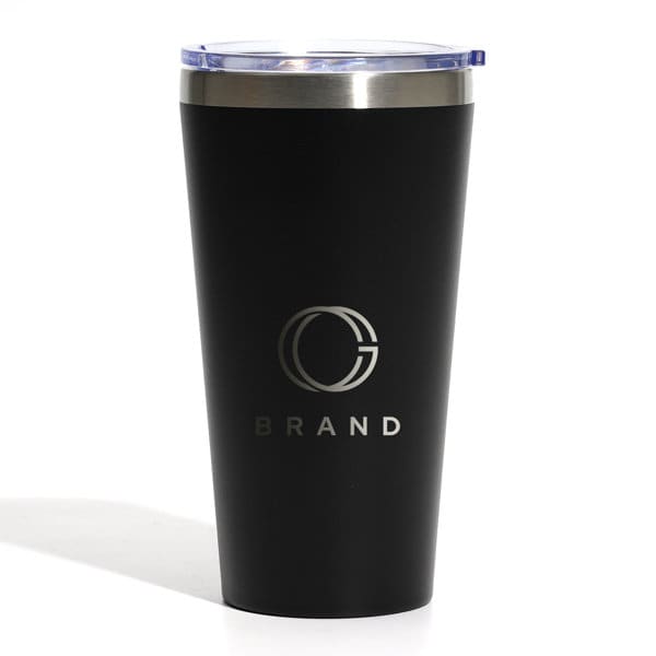 A drink bottle featuring a black stainless steel design with a silver lid and a logo. 16 oz. Stainless Steel Coffee Tumbler - Image 1