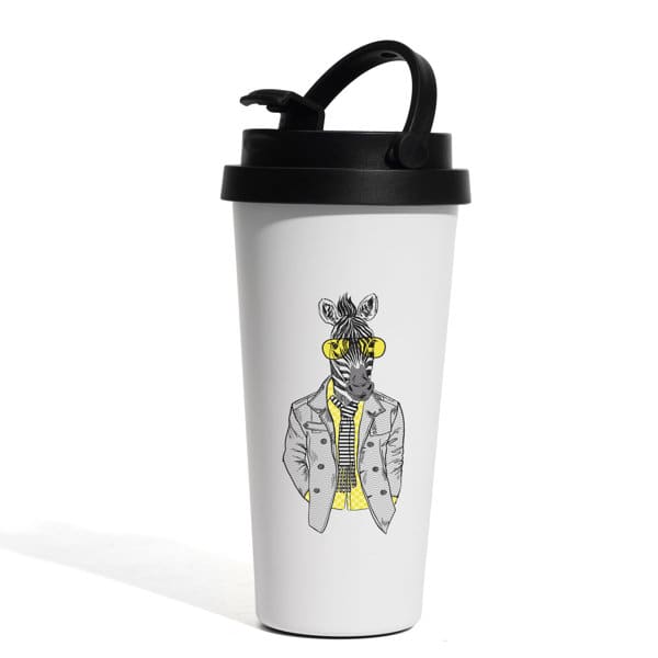 A stainless steel mug with a black carrying handle and a whimsical zebra design in grey and yellow. 16 oz. Stainless Steel Mug With Carrying Handle - Image 1