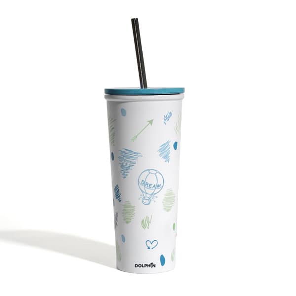A drink bottle featuring a white design with blue and green patterns, a black straw, and a blue lid. 24 oz. Stainless Steel Coffee Cup With Straw - Image 1
