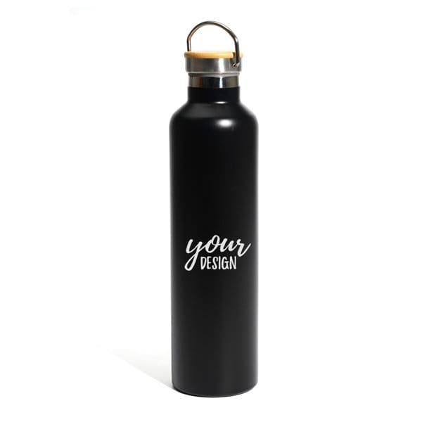 A drink bottle in matte black featuring a metal carrying loop and a wooden top, with a branding element. 34 oz. Tumbler With Carrying Loop - Image 1