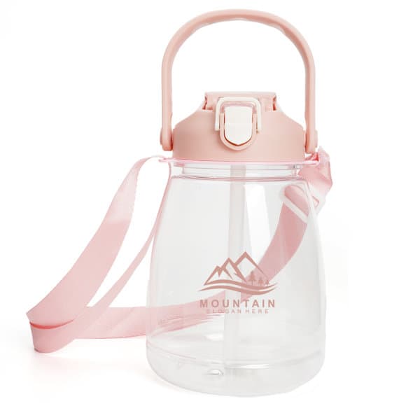 A drink bottle with a clear body and pink lid, featuring a carry strap and a logo on the front. Big Belly Water Bottle - Image 1
