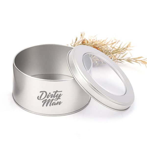A round silver metal tin canister with a clear window top lid and a logo design. Round Metal Tins Canister With Window Top Lid - Image 1