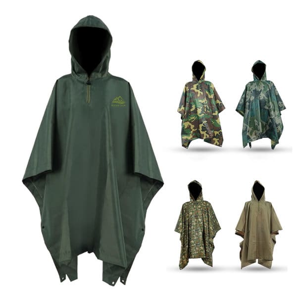 A portable camouflage rain poncho featuring various designs in green, brown, and blue tones, with hoods and a logo. Portable Camouflage Rain Poncho - Image 1