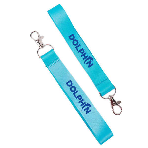 A light blue polyester wrist keychain lanyard with a clip and a logo printed on it. Polyester Wrist Keychain Lanyard - Image 1