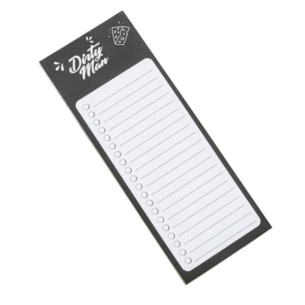 A magnetic notepad with a black background and a white writing area, featuring a logo at the top. Magnetic Fridge Notepad - Image 1