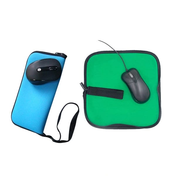 A neoprene mouse storage bag in blue with a black zipper, alongside a green mouse pad and a black computer mouse. Neoprene Mouse Storage Bag - Image 1