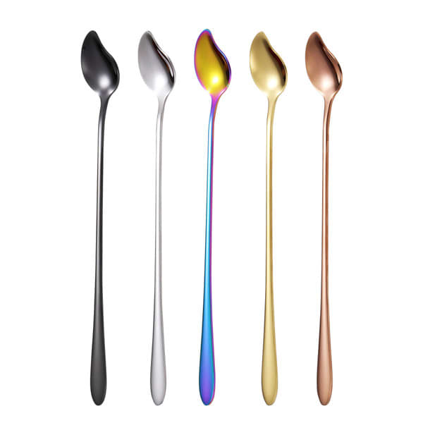 A set of five mango-shaped stainless steel stirring spoons in black, silver, rainbow, gold, and rose gold finishes. Mango Shaped Stainless Steel Stirring Spoon - Image 1