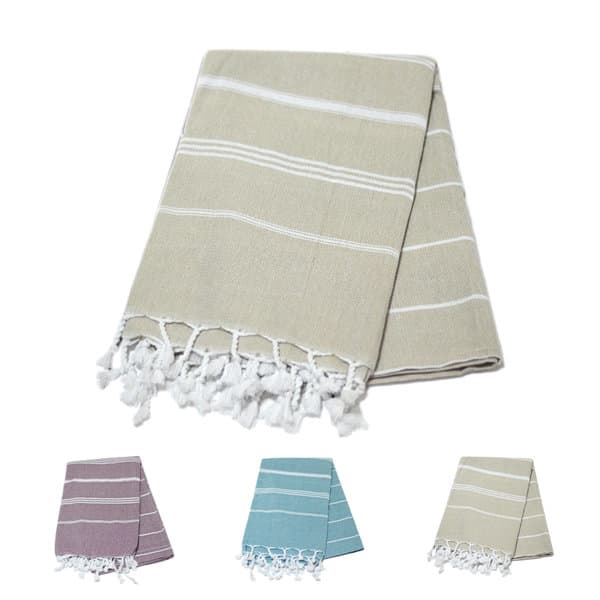 A striped Turkish beach towel in taupe and white, featuring fringe details, available in other colours. High Quality Striped Turkish Beach Towel - Image 1
