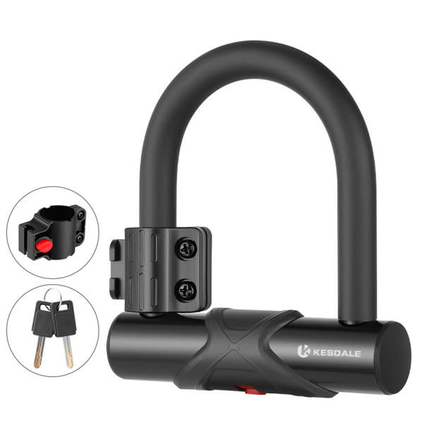 A U-shaped bike lock in black, featuring a mounting bracket and two keys. It has a logo on the body. Custom U Shaped Bike Lock - Image 1