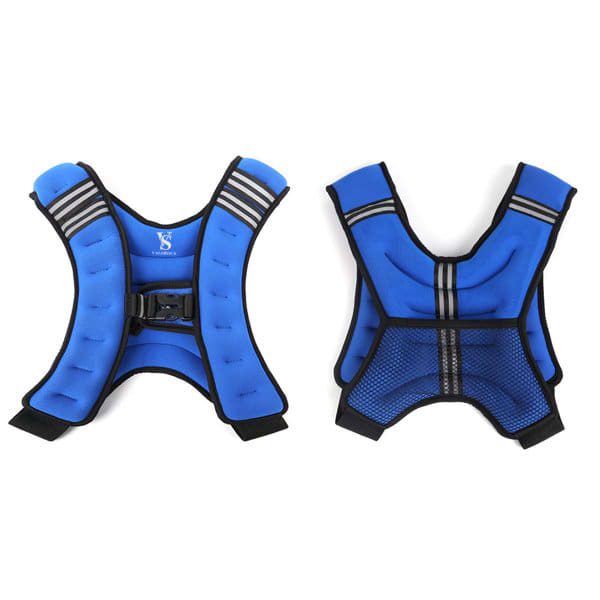 A blue adjustable weighted vest, featuring padded sections and a mesh back, with a fastening strap and logo. Adjustable Weighted Vest - Image 1