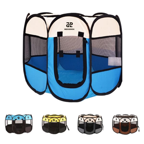 A foldable pet playpen in blue with mesh panels and a black trim, featuring four colour options below. Foldable Pet Playpen - Image 1