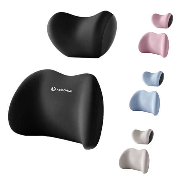 A set of car headrest pillows in black, pink, blue, and white, featuring a logo on the black pillow. Car Headrest Pillow Set - Image 1