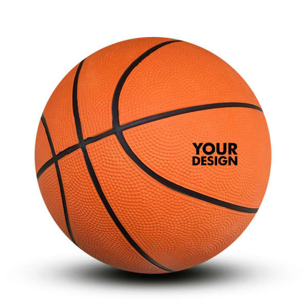 An orange children's rubber basketball with textured surface and black seams, featuring a logo. Children's Rubber Basketball - Image 1