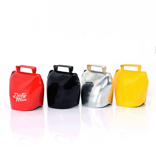 Metal cowbell noisemakers in red, black, silver, and yellow, featuring handles for easy carrying. Metal Cowbell Noisemaker With Handle - Image 1