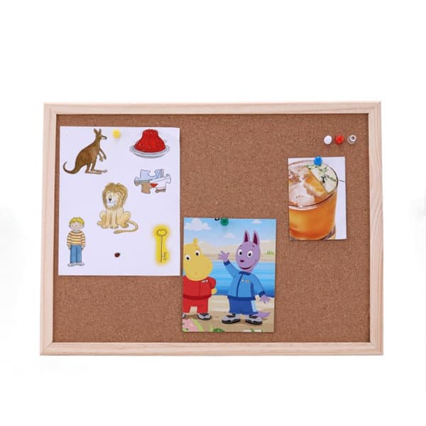 A framed cork board in natural wood featuring colourful images and notes pinned with drawing pins. Framed Custom Cork Boards - Image 1