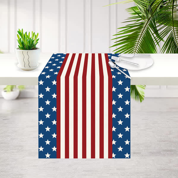 A rectangular tablecloth featuring a red, white, and blue star and stripe pattern. It has a logo. Rectangular Tablecloth With Logo - Image 1