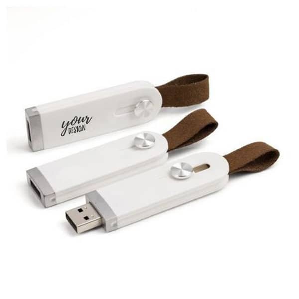A retractable USB flash drive with a white casing and a brown strap, featuring a logo area for custom design. Retractable USB Flash Drive With Strap - Image 1
