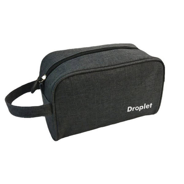 A dark grey toiletry bag with a zip closure and a handle, featuring a logo on the side. Custom Oxford Toiletry Bag - Image 1
